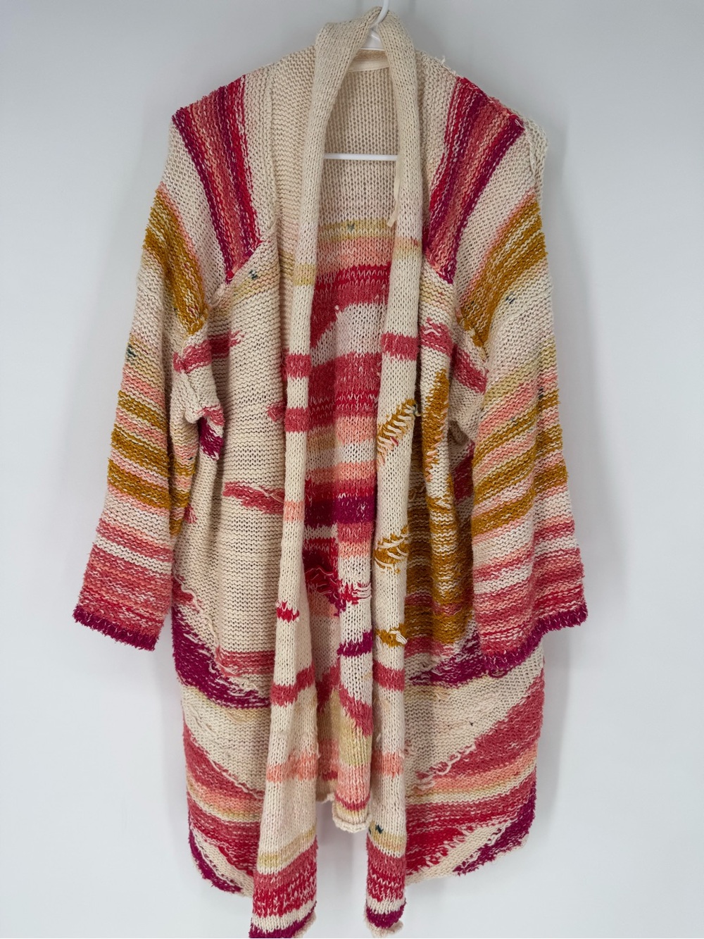 Anthropologie Open-Front Striped Knit Cardigan in Cream, Pink & Mustard